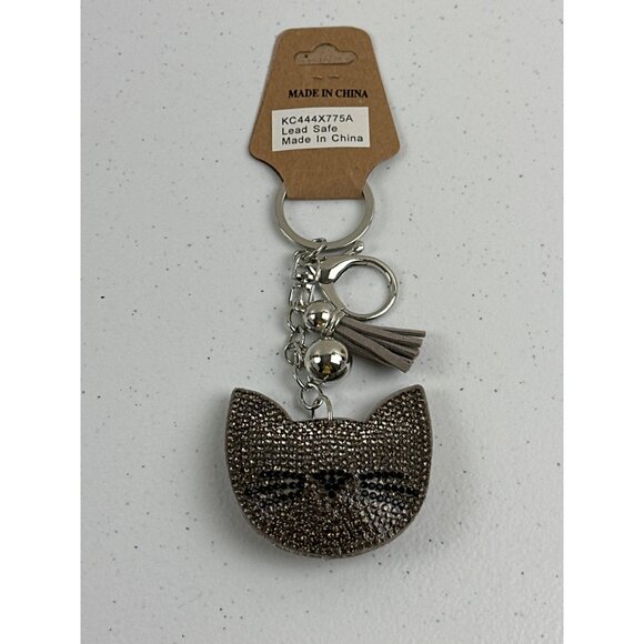 Cat Face Rhinestone Keychain With Tassel & Bell Lead Safe - Picture 2 of 4